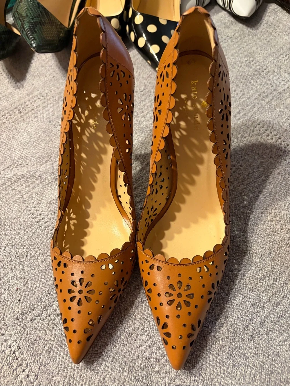 Kate Spade Tan Laser-Cut Scalloped Pointed Toe Pumps